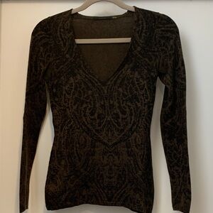 cashmere V-Neck Long Sleeve Patterned Women's Sweater - Black/Brown